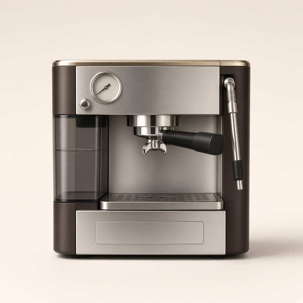 Concept Kitchorra Barista Pro de face : porte-filtre noir, buse vapeur, manomètre et flancs brun mat.