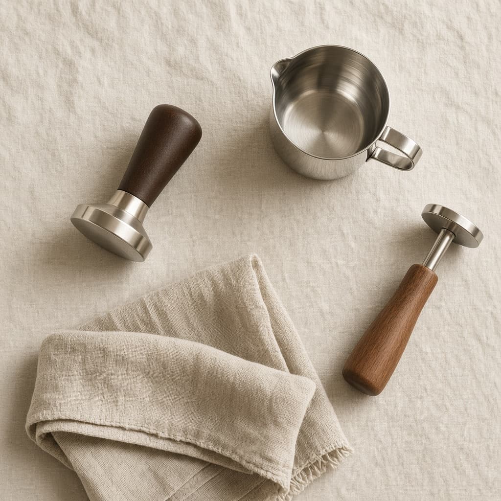 Nature morte du kit barista Kitchorra : tasseur, pichet, linge et outil de nivellement sur lin ivoire.