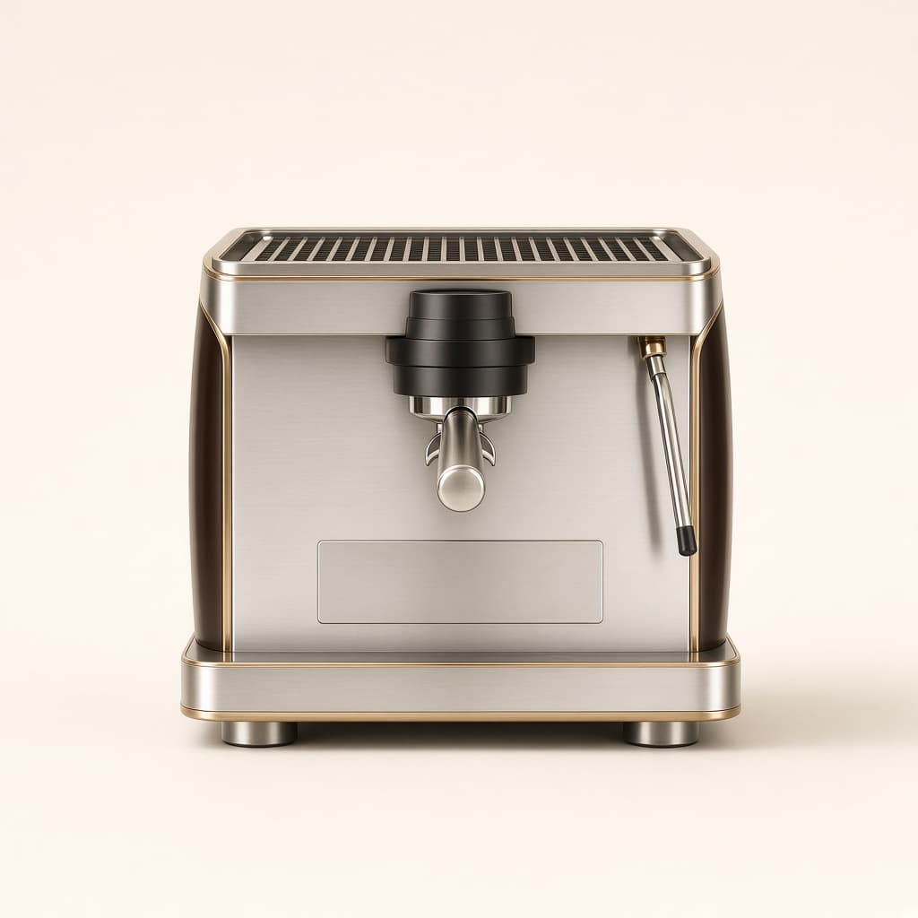 Concept Kitchorra Signature de face : corps en acier brossé, joues brunes, filet champagne et chauffe-tasses.