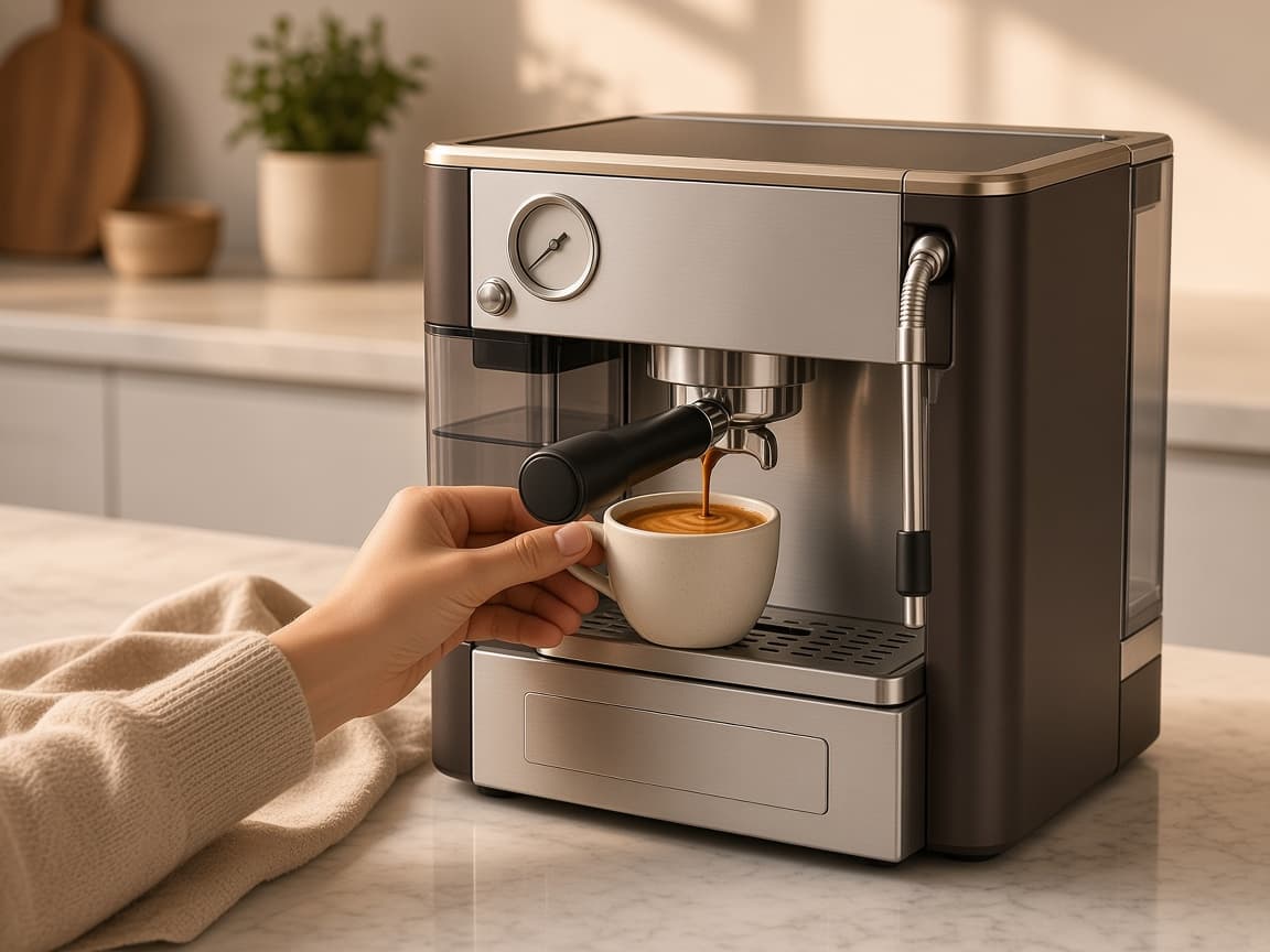 Main tenant une tasse pendant l'extraction d'un espresso sur le concept Kitchorra Barista Pro.