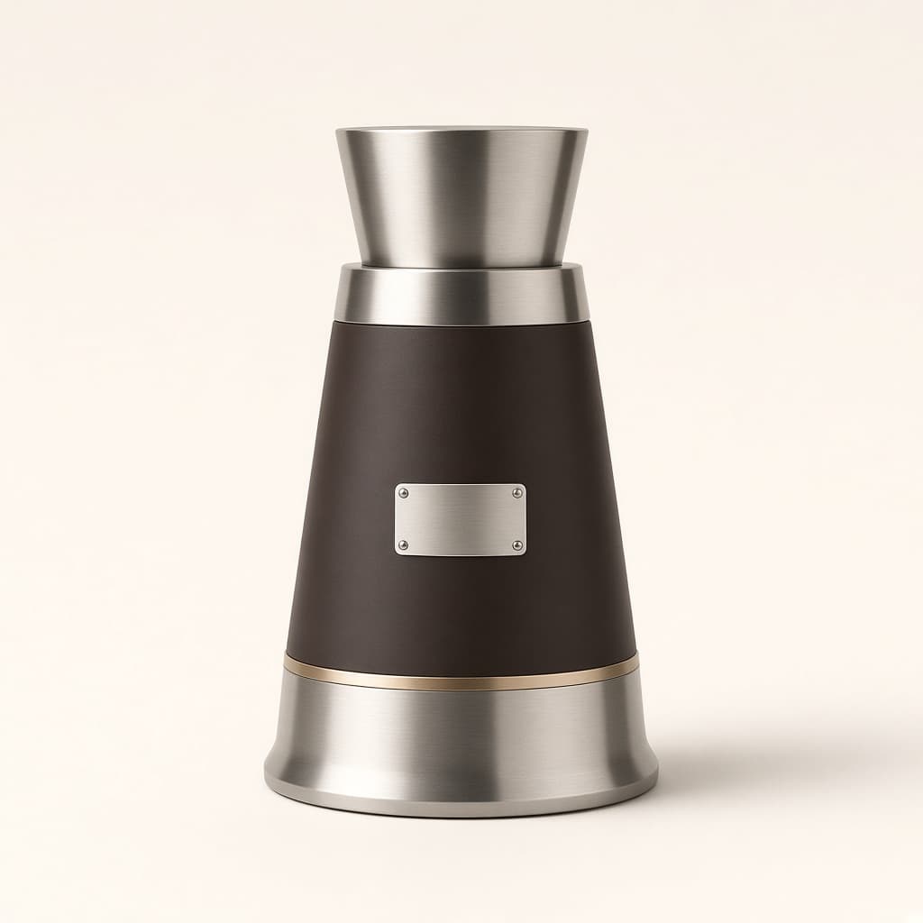 Concept du moulin Kitchorra Precision Grinder, corps brun mat, trémie et socle en acier brossé.